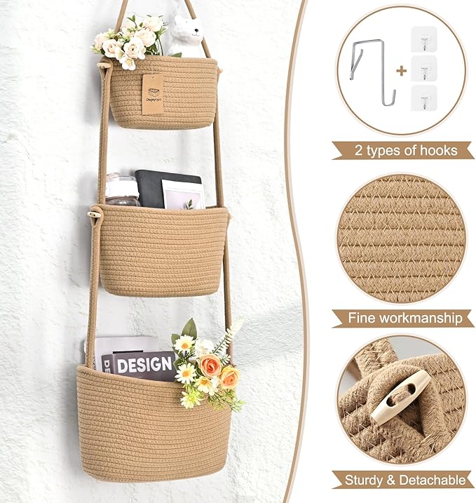 Hanging Storage Baskets, Over the Door Basket, Cotton Wall Baskets Storage, Hanging Door Basket with 4 Hooks