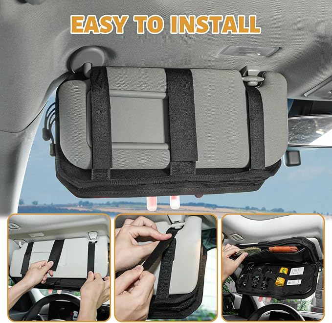 MAIKER 2 Packs Car Sun Visor Organizer, Car Organizer with Zipper Visor Organizer Storage Pouch, Glasses Clip, Card Holder, Molle Panel for Tactical Gears, for Most Vehicles, SUVs & Trucks