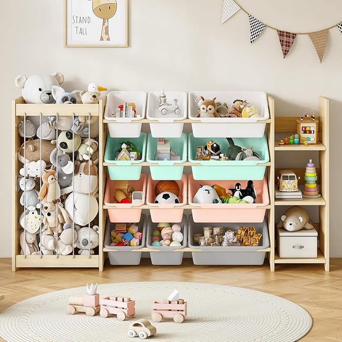 EXPERLAM 3-in-1 Toy Storage Organizer, Stuffed Animal Holder & 3-Tier Bookcase, Solid Wood Toy Organizer with 12 Storage Bins
