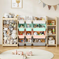 EXPERLAM 3-in-1 Toy Storage Organizer, Stuffed Animal Holder & 3-Tier Bookcase, Solid Wood Toy Organizer with 12 Storage Bins
