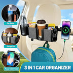 Car Headrest Backseat Storage Box with 2 Cup Holders, Back Seat Car Organizer 5"-13" Tablet Phone Holder with Hook, Adjustable 3-in-1 Multifunctional Car Essential Food Tray for Travel Accessories
