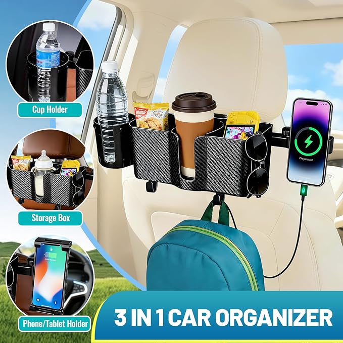 Car Headrest Backseat Storage Box with 2 Cup Holders, Back Seat Car Organizer 5"-13" Tablet Phone Holder with Hook, Adjustable 3-in-1 Multifunctional Car Essential Food Tray for Travel Accessories