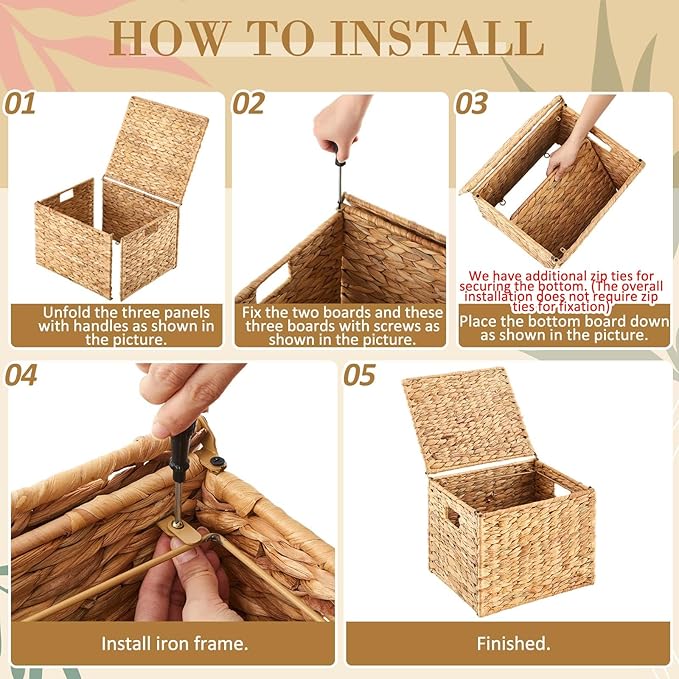 Jingmore 1 Pack Large Decorative File Box Water Hyacinth Letter/Legal Size File Organizer with Lid Collapsible Hand Woven Fil