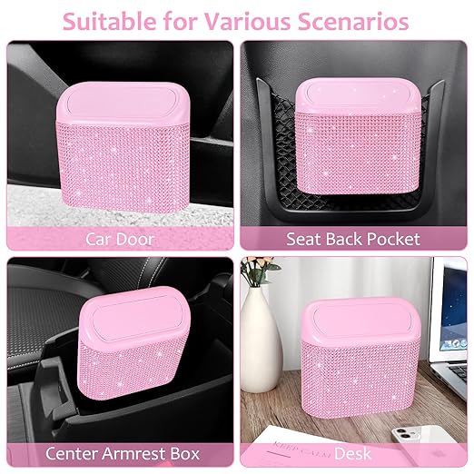 Accmor Bling Pink Car Trash Can with Lid, Mini Auto Garbage Storage Bin with 60 Trash Bags, Small Car Garbage Container Bin, Sparkling Crystal Vehicle Dustbin for Front Back Seat Accessories for Cars