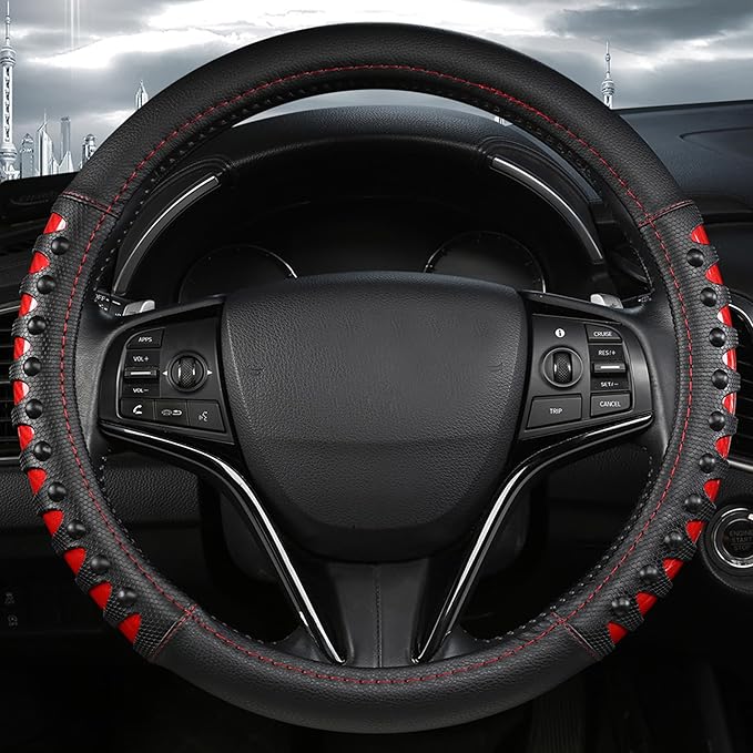 West Llama Microfiber Leather Car Steering Wheel Cover for Men Women,Universal Fit 15.5-16 inchs(Leather Nails-Red+Black-Larg