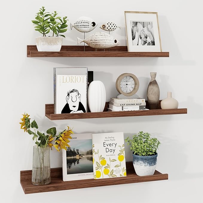 Axeman Picture Ledge Shelf | 24 Inch Walnut Floating Shelves Set of 3 | Rustic Wood Wall Shelves with Lip | 24" Walnut Pictur