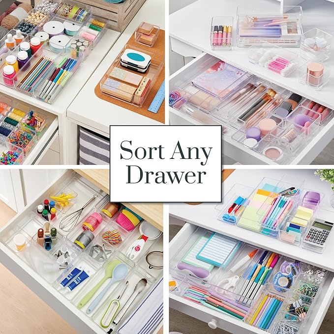 STORi SimpleSort 18-Piece Stackable Clear Drawer Organizer Set | Multi-size Trays | Makeup Vanity Storage Bins and Office Des