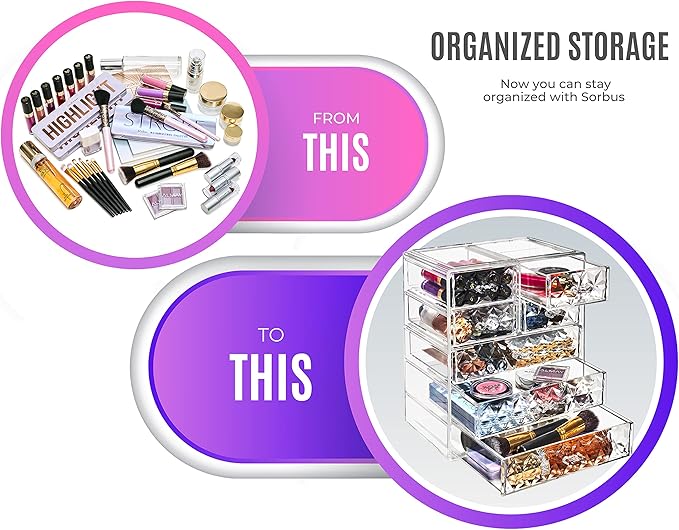 Sorbus Acrylic Makeup Organizer Set, 7-Drawer Vanity & Countertop Cosmetic Storage with Small & Wide Drawers, Diamond Makeup 