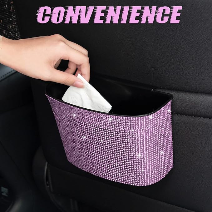 Bling Crystal Auto Trash Can, 100% Leak Proof Car Trash Bin with Storage Pockets, Hanging for Backside/Gearshift/Center Console, Pink
