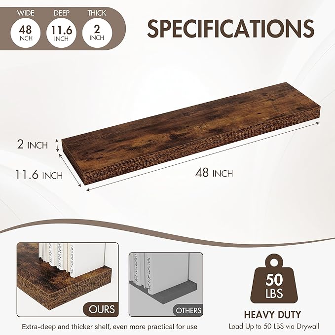 48 Inch Floating Shelves, 12" Deep Floating Shelf Wall Mounted, 48" Wall Shelves, Rustic Deep Bookshelf, Extra Deeper & Thick