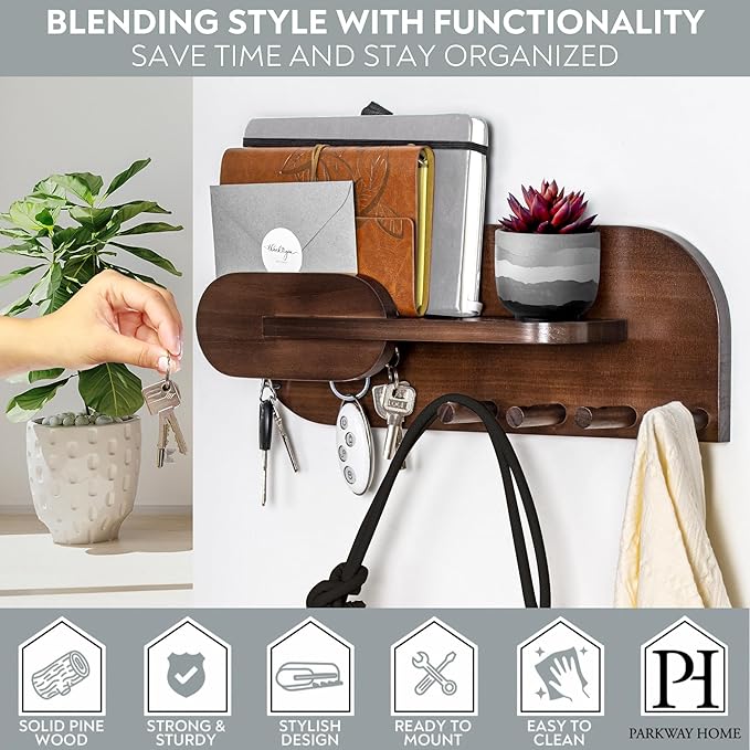 Solid Wood Mail and Key Holder for Wall Decorative Display - Includes Mail Holder, Shelf with Hooks for Keys & Pegs for Hangi