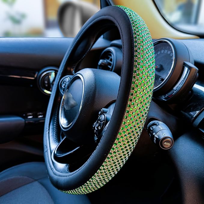 PINCTROT Bling Bling Comfy Steering Wheel Cover with Jumbo Crystal Rhinestones, Anti-Slip Diamond Leather, Universal 15 Inch (Vivid Green)
