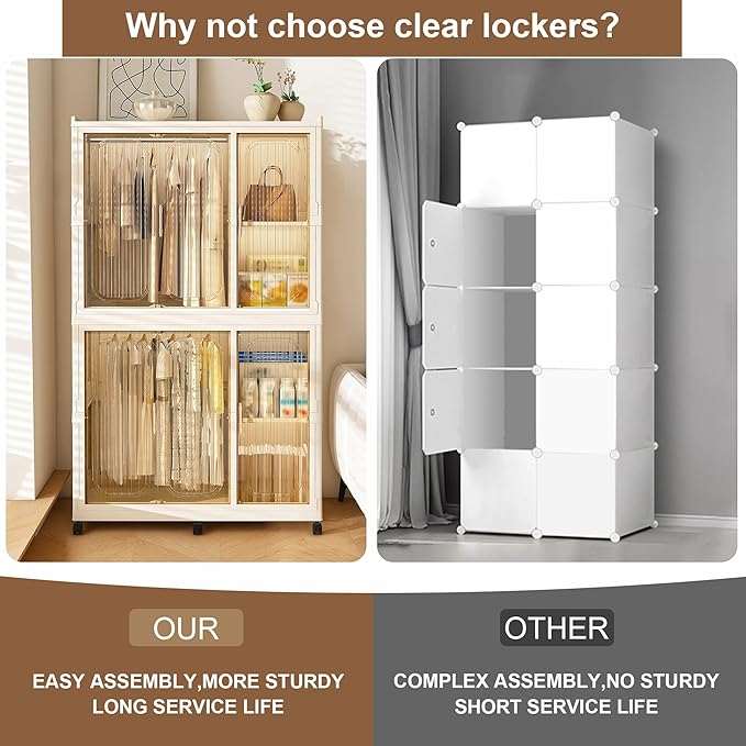 Portable Wardrobe Closet Storage Organizer, Plastic Collapsible Closet Organizer with Transparent Magnetic Door, for Bedroom 