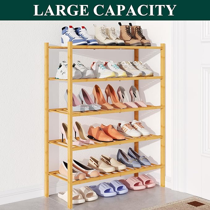 Smiry Bamboo Shoe Rack for Closet, 5 Tier Wooden Stackable Shoe Organizer, Free Standing Shoes Storage Shelf for Entryway, Fr