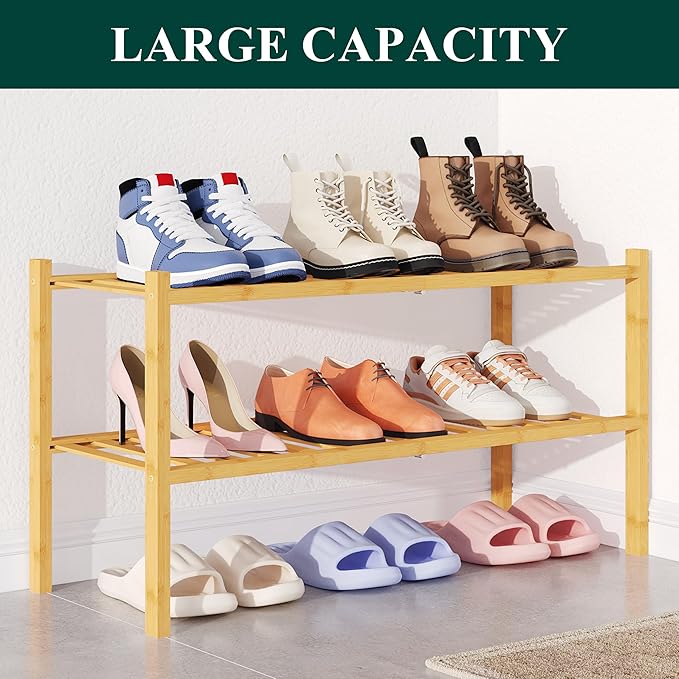Smiry Bamboo Shoe Rack for Closet, 2 Tier Wooden Stackable Shoe Organizer, Free Standing Shoes Storage Shelf for Entryway, Fr
