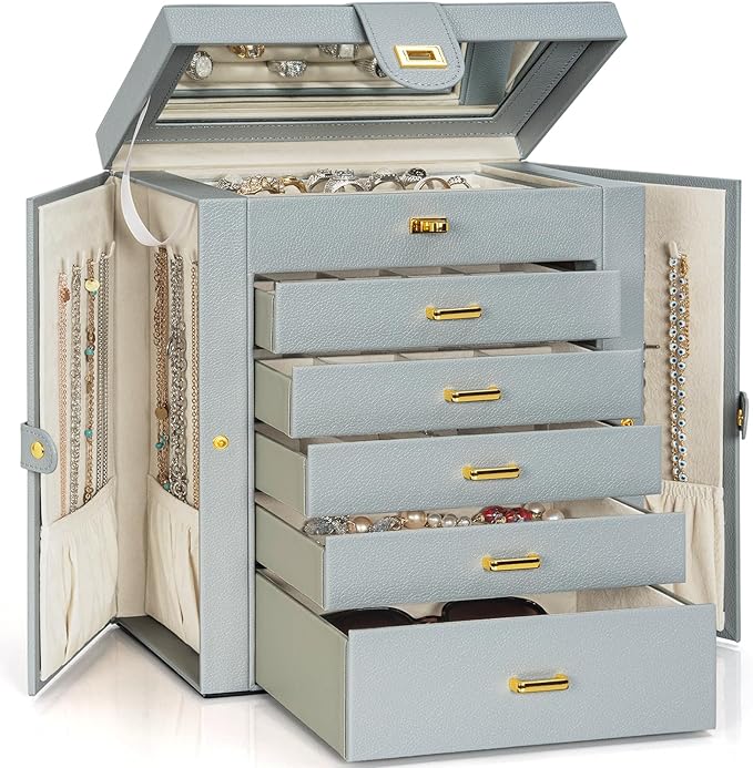 AKOZLIN Extra Large 6-Tier Jewelry Box Organizer Functional Huge, 5 Drawers Leather Jewelry Storage Case for Women Girls Ring