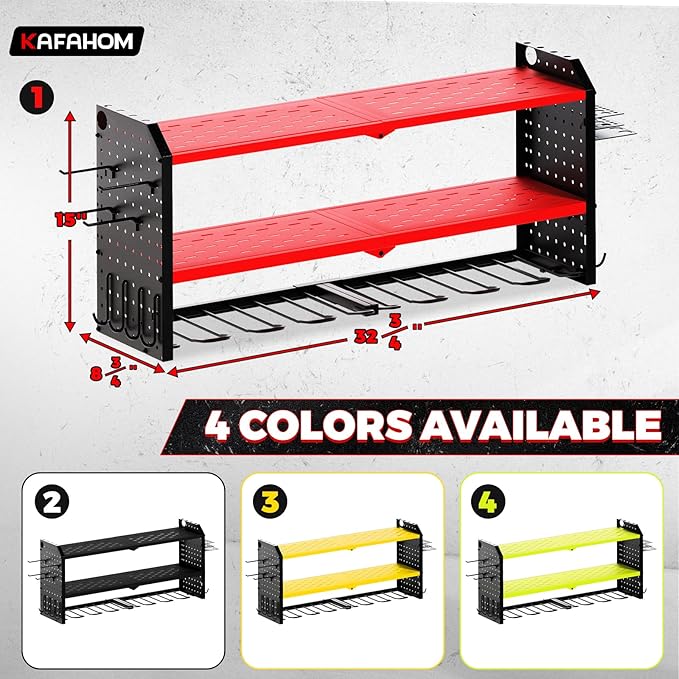 KAFAHOM Power Tool Organizer, Large 8 Drill Holder Wall Mount with 2 Side Pegboards, Heavy Duty Metal Tool Shelf with 12 Hook