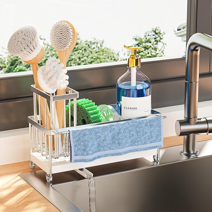 Cisily Sponge Holder for Kitchen Sink, Sink Caddy Organizer with High Brush Holder, Kitchen Countertop Organizers and Storage