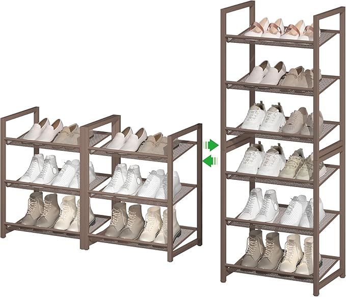 6 Tier Shoe Rack, Stackable Shoe Storage with Mesh Shelves, Holds 12-15 Pairs, Metal Shoe Organizer for Entryway Closet Garag
