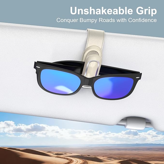 Veharvim Sunglass Holder for Car (2 Pack, One-Handed Operation, Gentle & Secure Hold, Silicone Padded, Universal Fits Sunglass and Car Visor) - Sunglasses Clip for Car Visor (Beige, 2 Pack)
