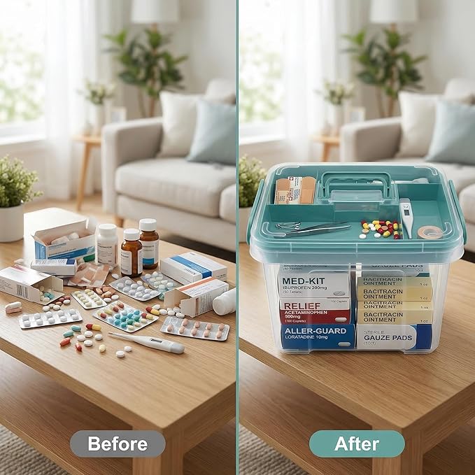 Pulseplay Clear Medicine Organizer Storage Box with Handle Medicine Organizer Box with Removable Tray Multipurpose Medicine C