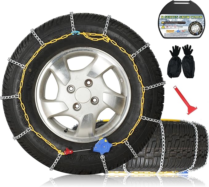 Auto Fixing Snow Chains, 2 x 12 mm, 30s Quick Installation of Tire Chains with Automatic Tensioner, Universal Emergency Tire 