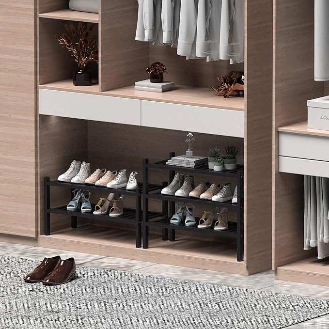 ROMGUAR CRAFT 2 Tier (Thick) Bamboo Shoe Rack for Closet Free Standing Wood Shoe Shelf for Entryway Small Space Stackable 27"