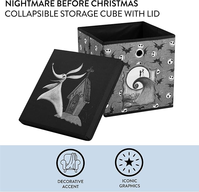 The Nightmare Before Christmas Collapsible Storage Cube with Removable Lid,10"x10"x10" Fabric Organizer Bin for Essentials