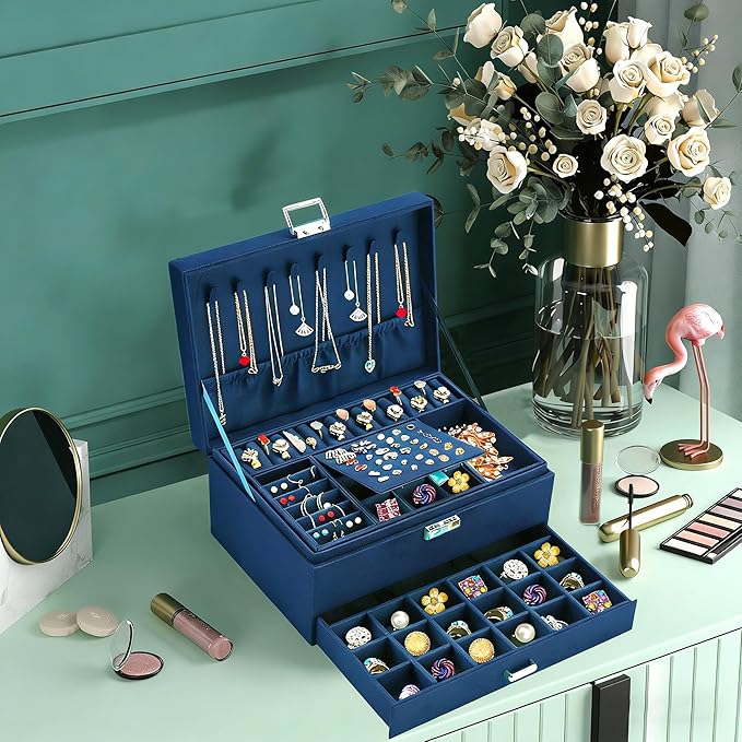 QBestry 3-Layer Jewelry Box for Women with Lock and Key & Drawer, Large Jewelry Organizer with 8 Necklace Hooks & 56 Earring 