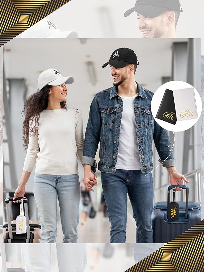 Jeyiour 6 Pieces Mr and Mrs Gifts Set for Couple Including Bride Baseball Caps Groom Mr and Mrs Luggage Tags Passport Covers 