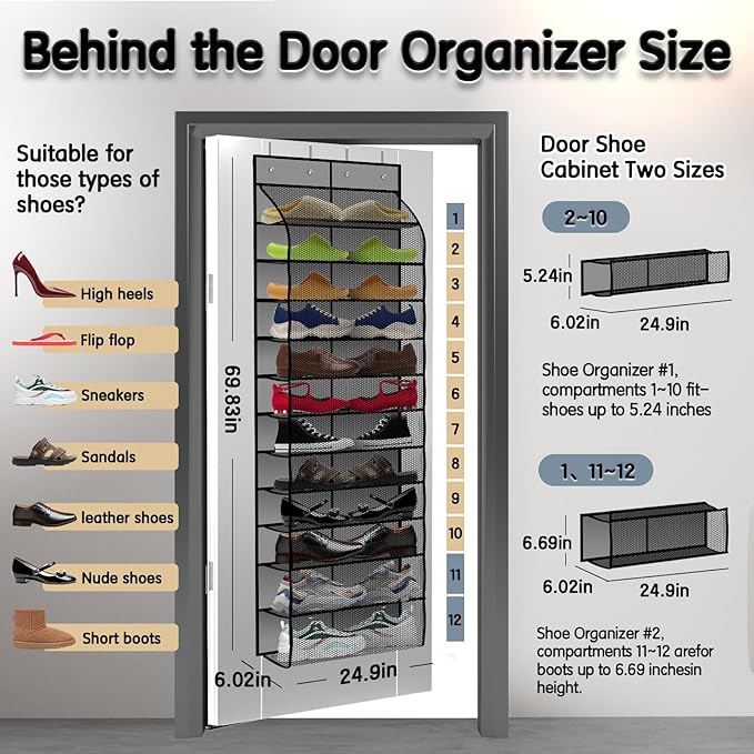 Kotkn Over The Door Shoe Organizer with 12 Large Breathable Pockets - Durable Hanging Storage for the Entire Family's Shoes (