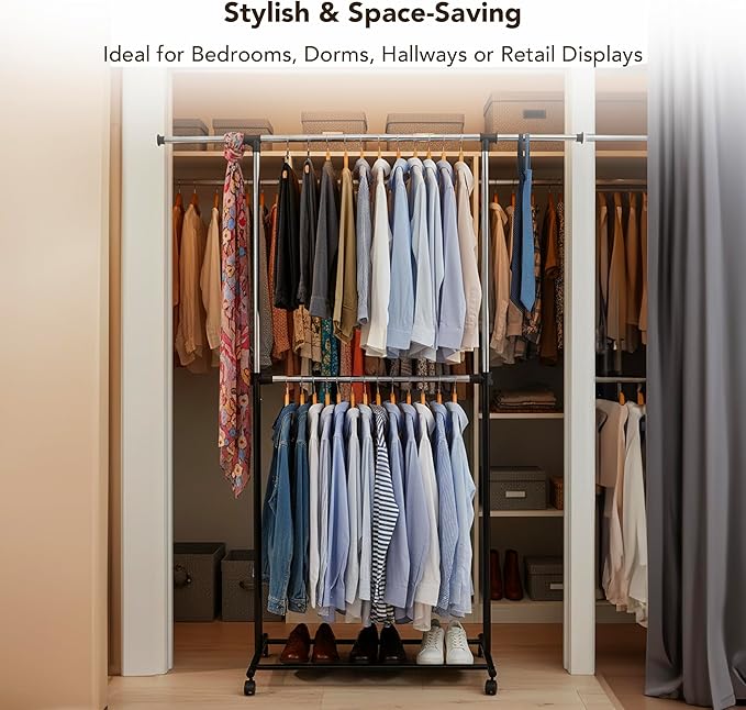 Displays By Jack Double Rail Clothes Rack, Adjustable Rolling Garment Rack on Wheels – Extendable Hanging Rods & Bottom Shelf