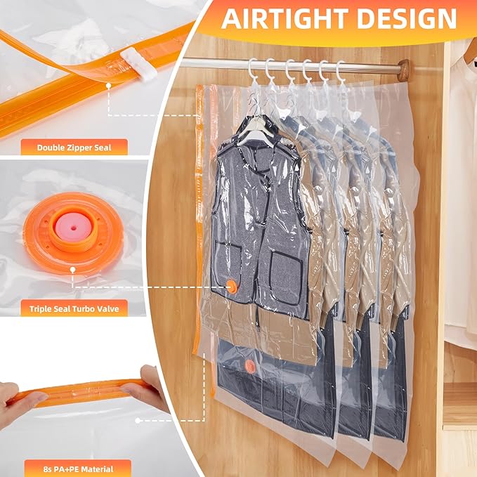 AGPTEK 6-Pack Hanging Vacuum Storage Bags for Clothes, Suits, Dresses & Jackets (3 Jumbo,3 Large) with Electric Pump - Space 