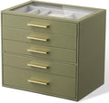 Jewelry Box Organizer Case for Women: 5-Layer Jewelry Storage Case with Glass Window, Olive Green Leather with Cream Velvet, 