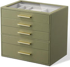 Jewelry Box Organizer Case for Women: 5-Layer Jewelry Storage Case with Glass Window, Olive Green Leather with Cream Velvet, 