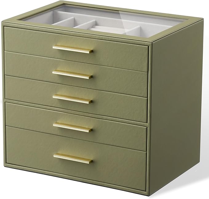 Jewelry Box Organizer Case for Women: 5-Layer Jewelry Storage Case with Glass Window, Olive Green Leather with Cream Velvet, 