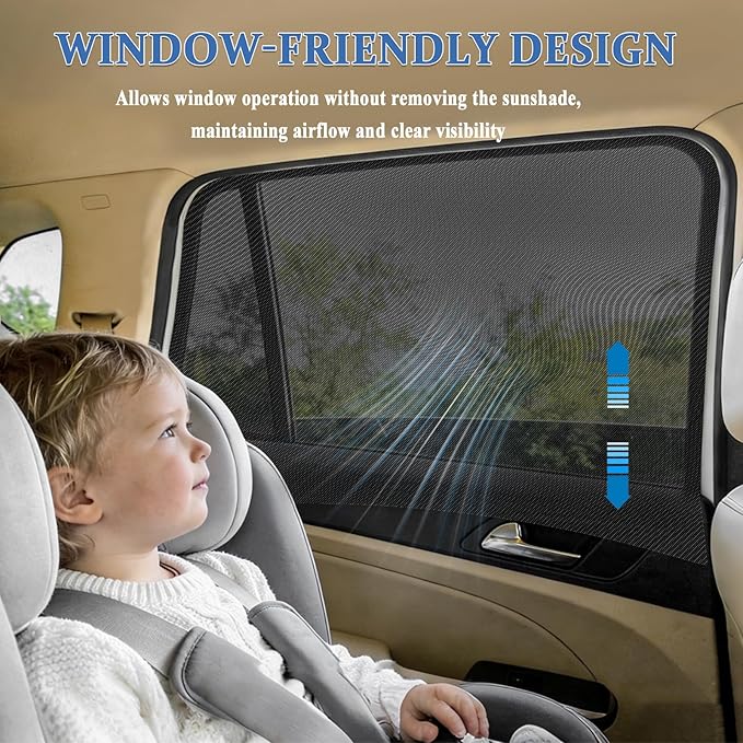 Car Window Shades,2 Pack Car Side Window Sunshade,Breathable & Retractable Car Window Shade for Baby,Universal Fit Most of Cars,Glare Shield,Protect Privacy(Rear Windows)