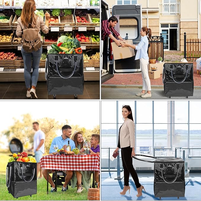 Large Rolling Tote Bag with Wheels, 130L Foldable Shopping Cart & Grocery Bag, 5 Swivel Wheels & 3 Handles, Multiple Pockets & Zippered Closure, Heavy Duty for Laundry, Moving, Travel, Camping, Black