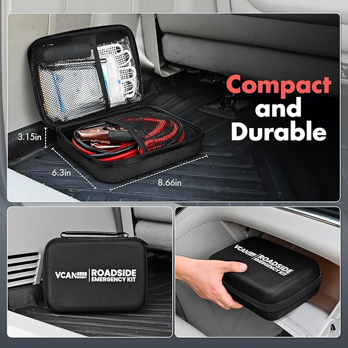Car Emergency Safety Kit Bag with Jumper Cables, Tire Pressure Gauge, Auto Vehicle Safety Road Side Assistance Kits Essential