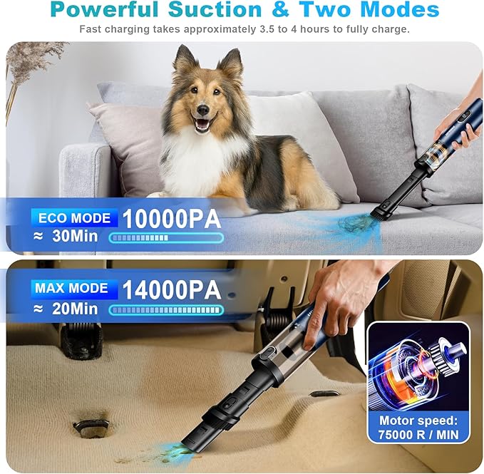 Handheld Vacuum Cordless, Car Vacuum with 14000PA Powerful Suction with LED Light, Air Duster 2-in-1,Low Noise Rechargeable P
