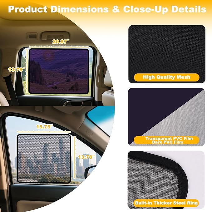 XCBYT 4-Pack Car Window Shades for Baby & Driver- Static Cling Side Window Sun Shade Combo with Transparent & Semi-Transparent - Car Window Covers with Glare & UV Blocker, Privacy Protection