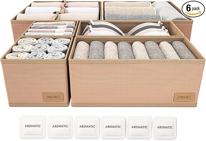 Clothes Organizer, Transform Your Drawers in Seconds - Cream Set of 6 Foldable Storage Boxes with Zipper, Durable 600D Fabric