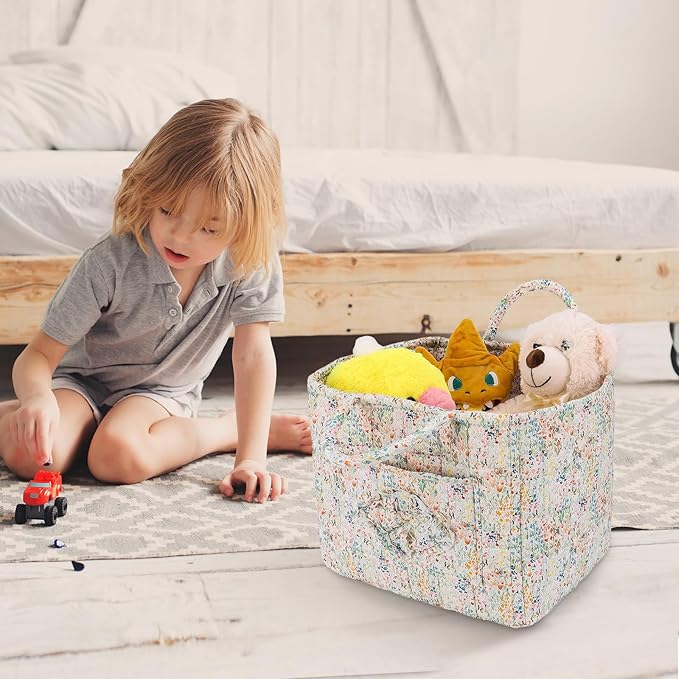 Storage Basket Boho Fabric Large Collapsible Floral Laundry Nursery Hamper Portable Folding Storage for Clothes Toys (Blue Fl