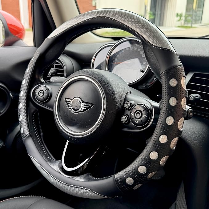 PINCTROT Large Size Race Grip Steering Wheel Cover, Anti Slip Silicone Perforated Design with Soft Touch Padding, Enhanced Grip for Sporty Driving 15.5-15.75 Inch (Racing Silver)