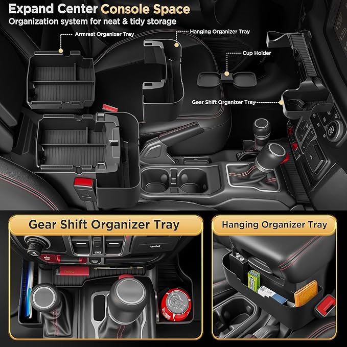 for Jeep Wrangler JL JLU 4XE(2018-2026) & Gladiator JT(2020-2026) Center Console Organizer Tray [Maximize Storage & US Patent] Cup Holder for Jeep Gladiator & Wrangler Accessories Black