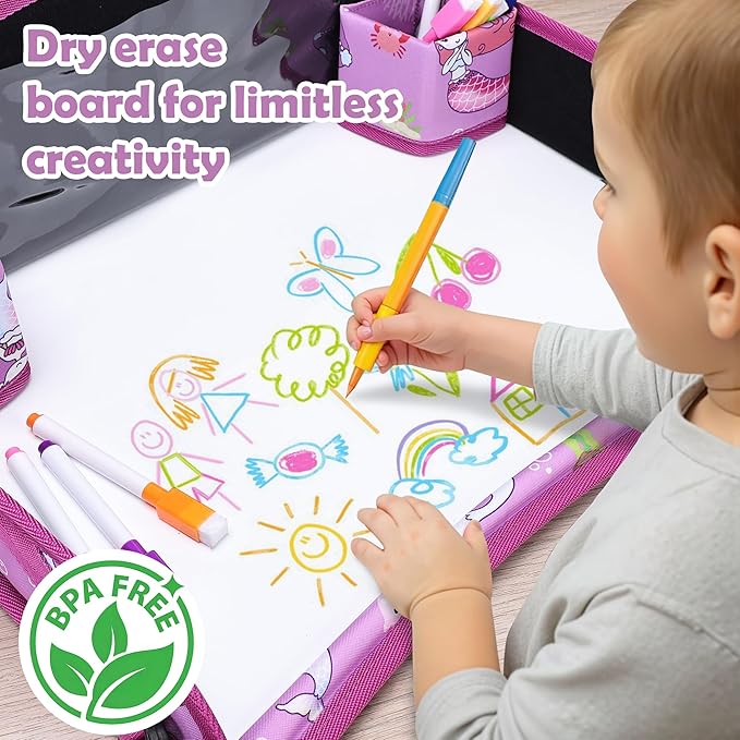 Kids Travel Tray for Toddler Carseat, Road Trip Activities Essentials for Toddler, Kids Lap Desk Tray with Tablet Holder Stand ＆ Dry Erase Board (Mermaid)