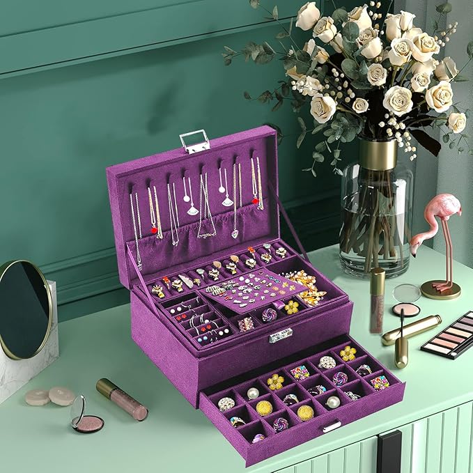 QBestry 3-Layer Jewelry Box for Women with Lock and Key & Drawer, Large Jewelry Organizer with 8 Necklace Hooks & 56 Earring 
