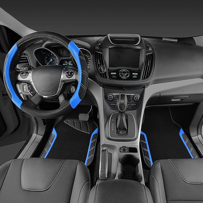 CAR PASS Leather Steering Wheel Cover and Waterproof Car Floor Mats,Microfiber Universal Car Combo Fit for 95% Sedan,SUV,Cars