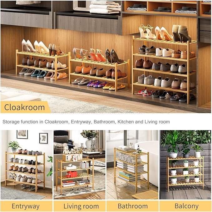 4-Tier Bamboo Shoe Rack for Entryway, Stackable | Heavy Duty | Multi-Function, Free Standing Shoe Racks for Bedroom Hallway C