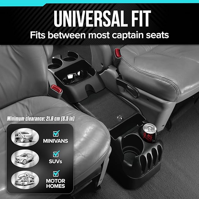 Center Console for Minivans, SUVs, Middle Van Console, Extra Cup Holders, Large Storage, 27"L x 11.5"W x 8.5"H,Made in USA (Black)
